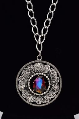Swank Iridescent Crystal Silver Ornate Medallion Pendant Necklace Signed BinBH